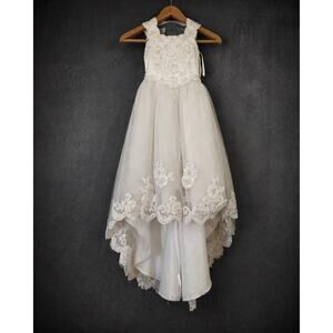 David’s Bridal Girls White Lace Beaded High Low Dress Size 3 Flower Girl